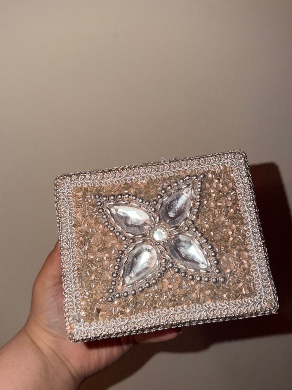 Embellished Beaded Jewelry Box in Champagne Crystal